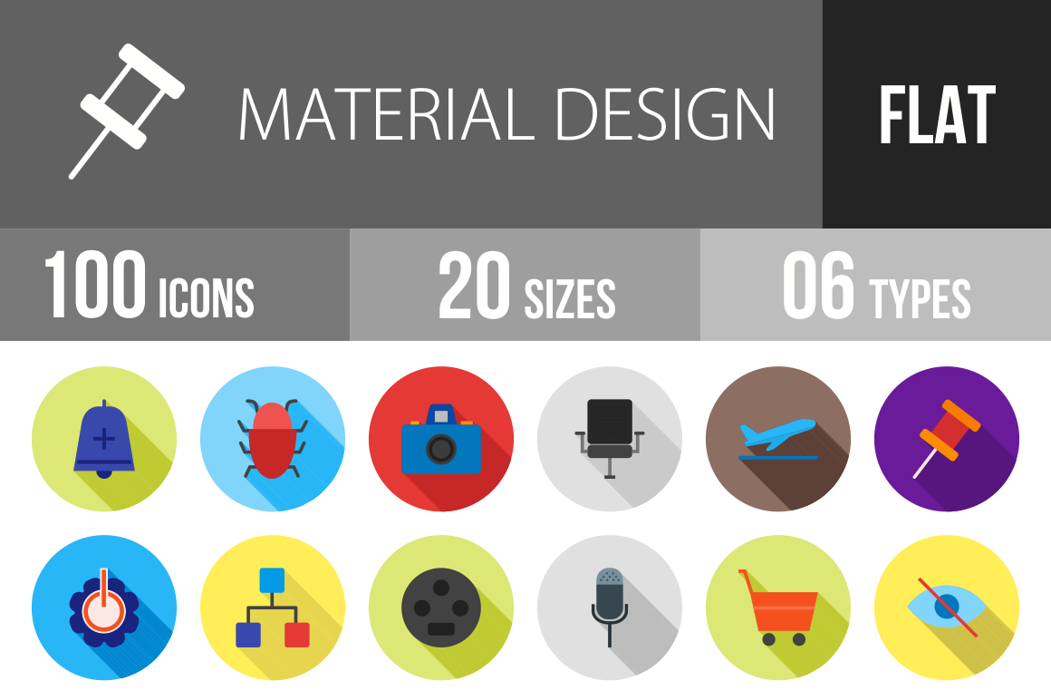 100 Material Design Flat Shadowed Icons - Overview - IconBunny