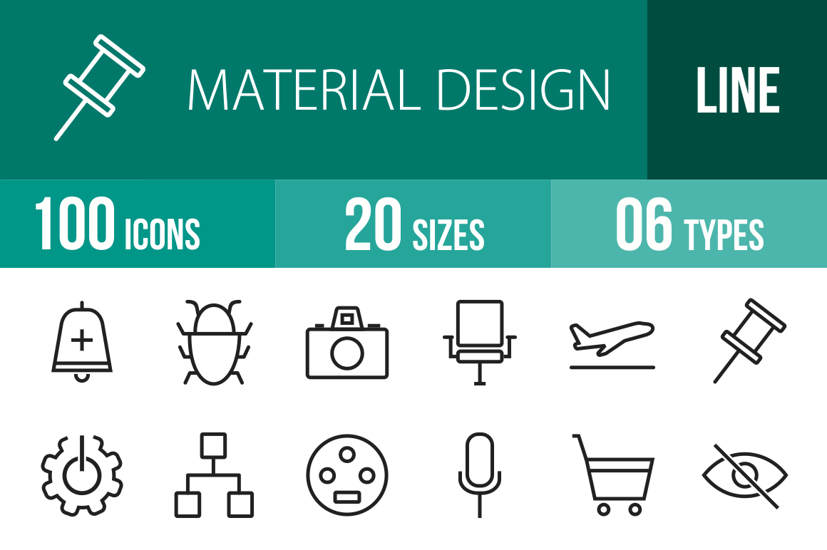 100 Material Design Line Icons - Overview - IconBunny