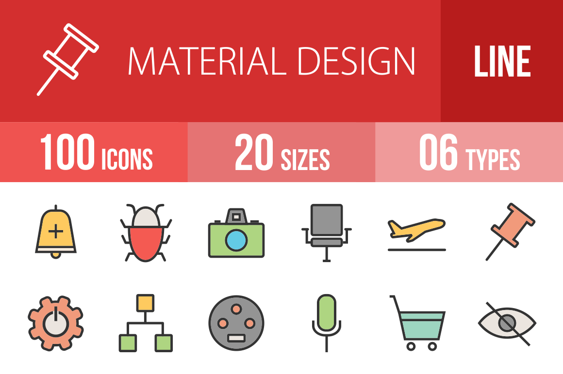 100 Material Design Line Multicolor Filled Icons - Overview - IconBunny