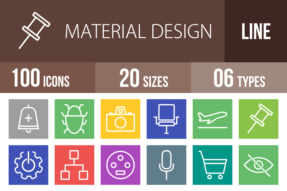 100 Material Design Line Multicolor B/G Icons - Overview - IconBunny