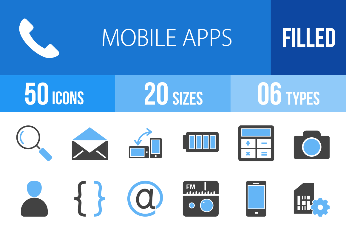 110 Mobile Apps Blue & Black Icons - Overview - IconBunny