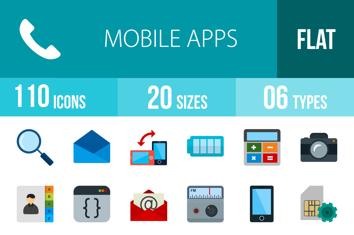 110 Mobile Apps Flat Multicolor Icons - Overview - IconBunny