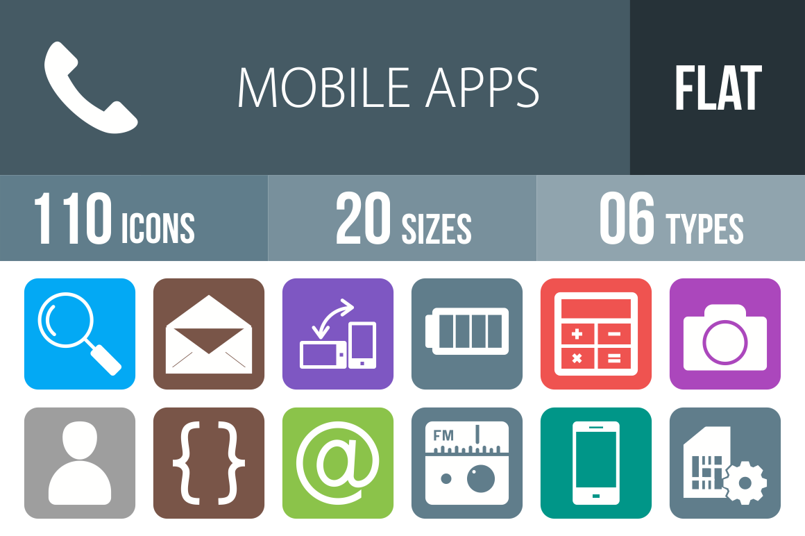 110 Mobile Apps Flat Round Corner Icons - Overview - IconBunny