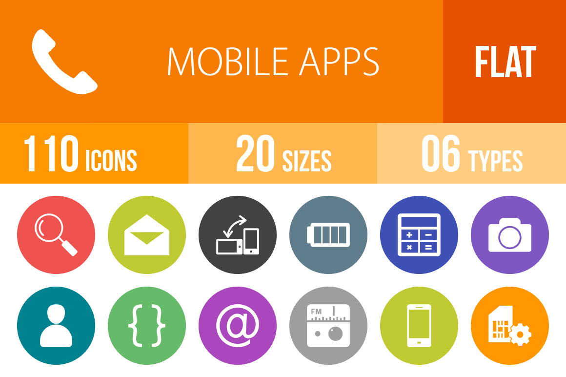 110 Mobile Apps Flat Round Icons - Overview - IconBunny