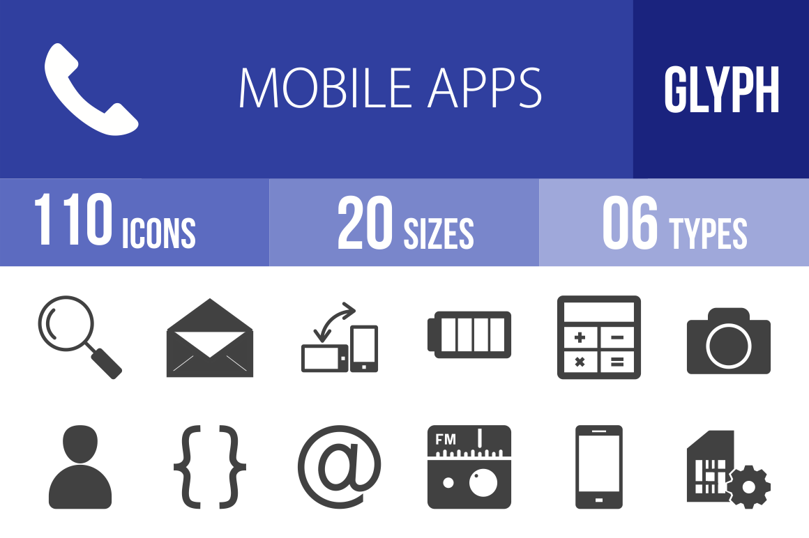110 Mobile Apps Glyph Icons - Overview - IconBunny