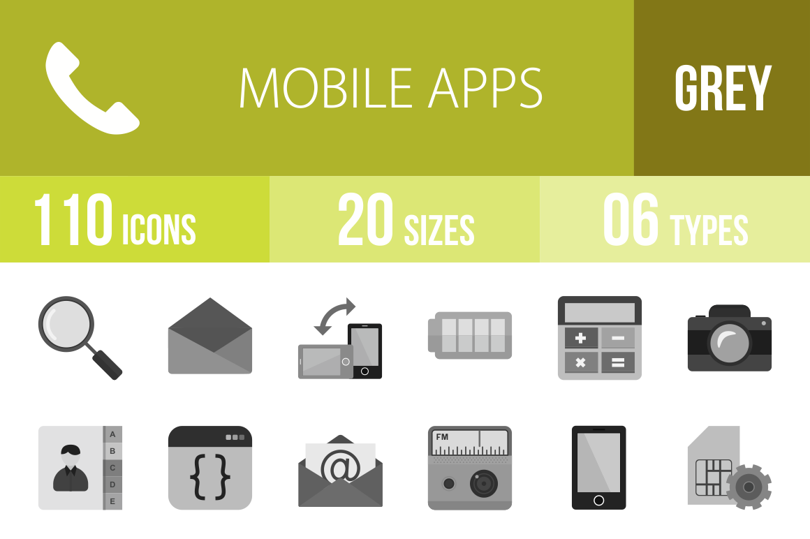 110 Mobile Apps Greyscale Icons - Overview - IconBunny