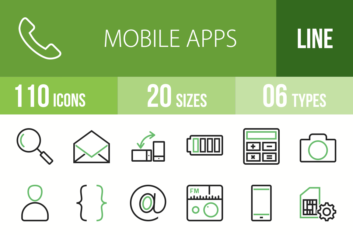 110 Mobile Apps Line Green & Black Icons - Overview - IconBunny
