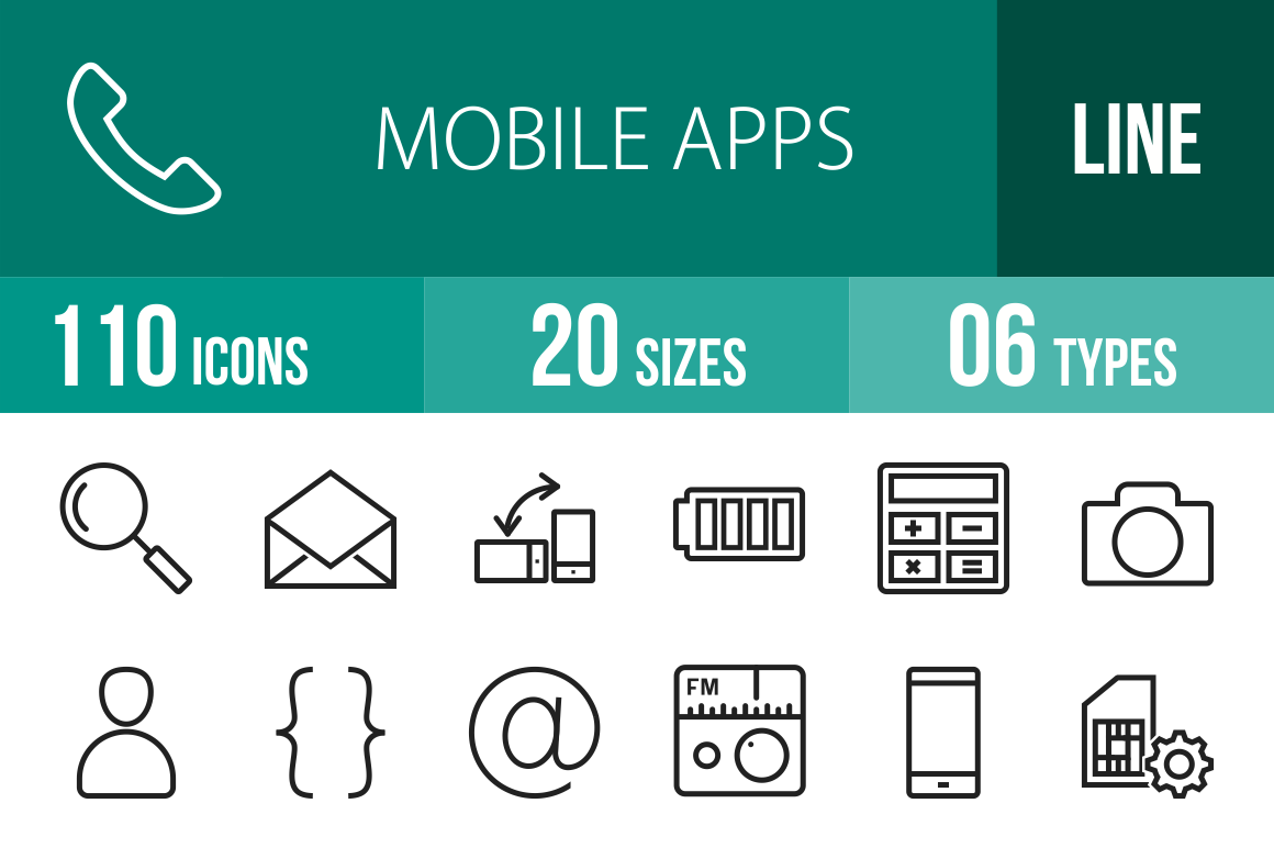 110 Mobile Apps Line Icons - Overview - IconBunny