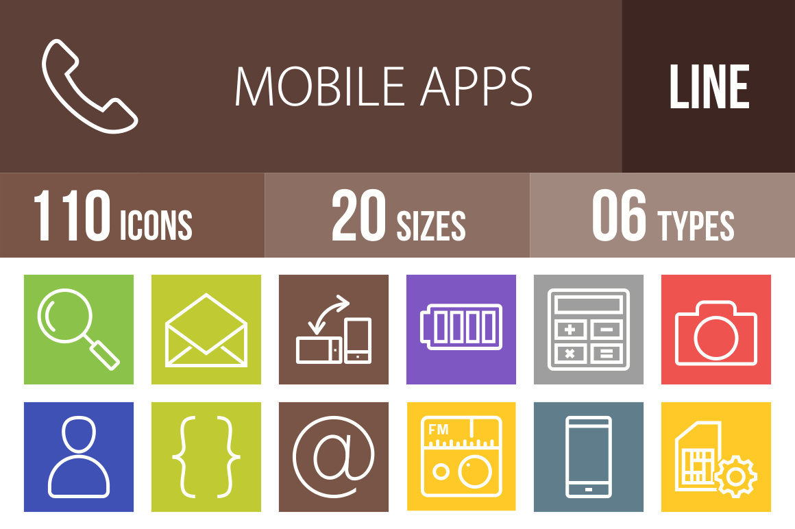 110 Mobile Apps Line Multicolor B/G Icons - Overview - IconBunny