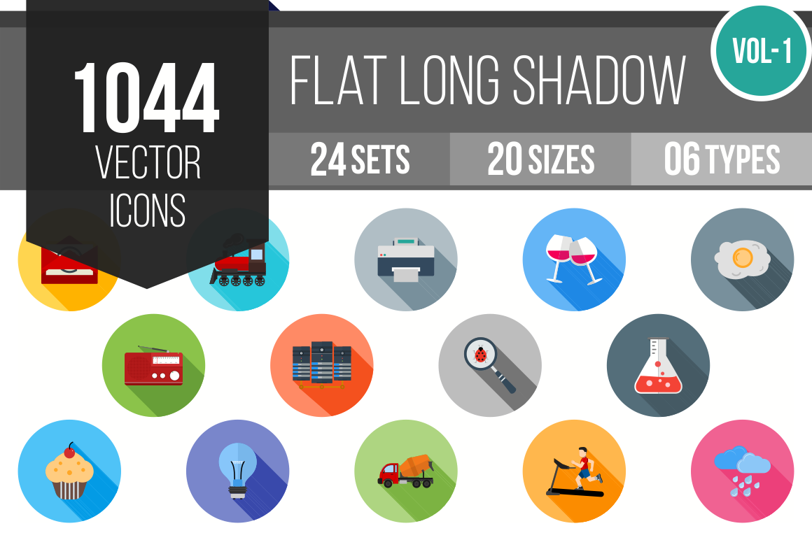 1044 Flat Shadowed Icons Bundle - Overview - IconBunny
