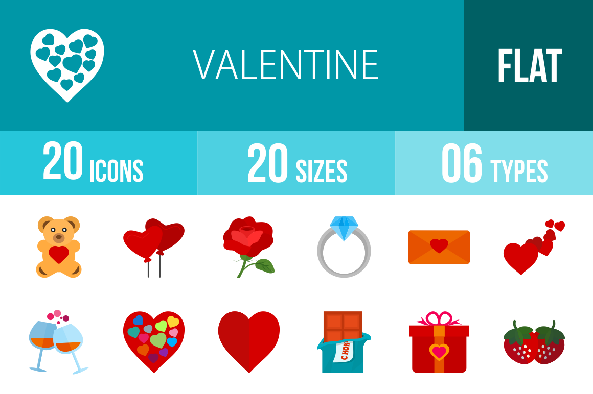 20 Valentine Flat Multicolor Icons - Overview - IconBunny