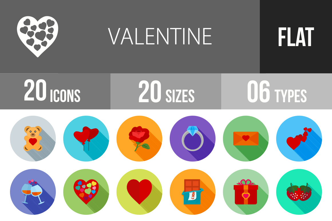 20 Valentine Flat Shadowed Icons - Overview - IconBunny