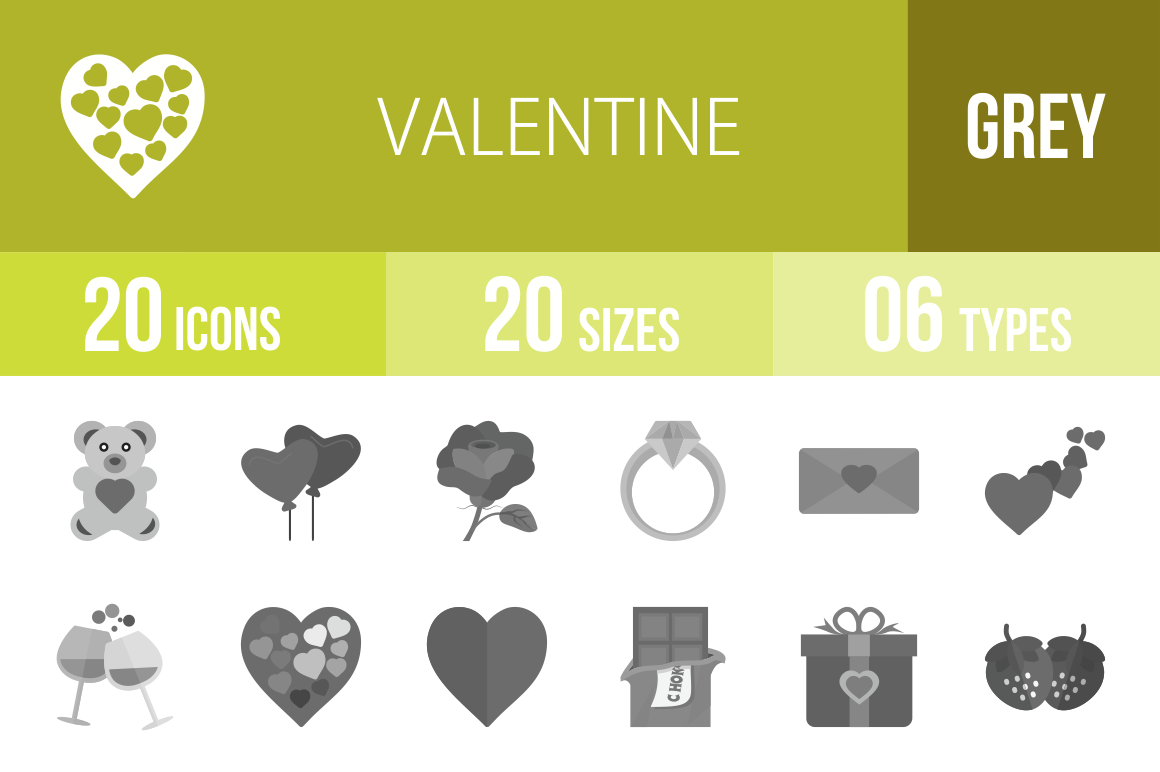 20 Valentine Greyscale Icons - Overview - IconBunny