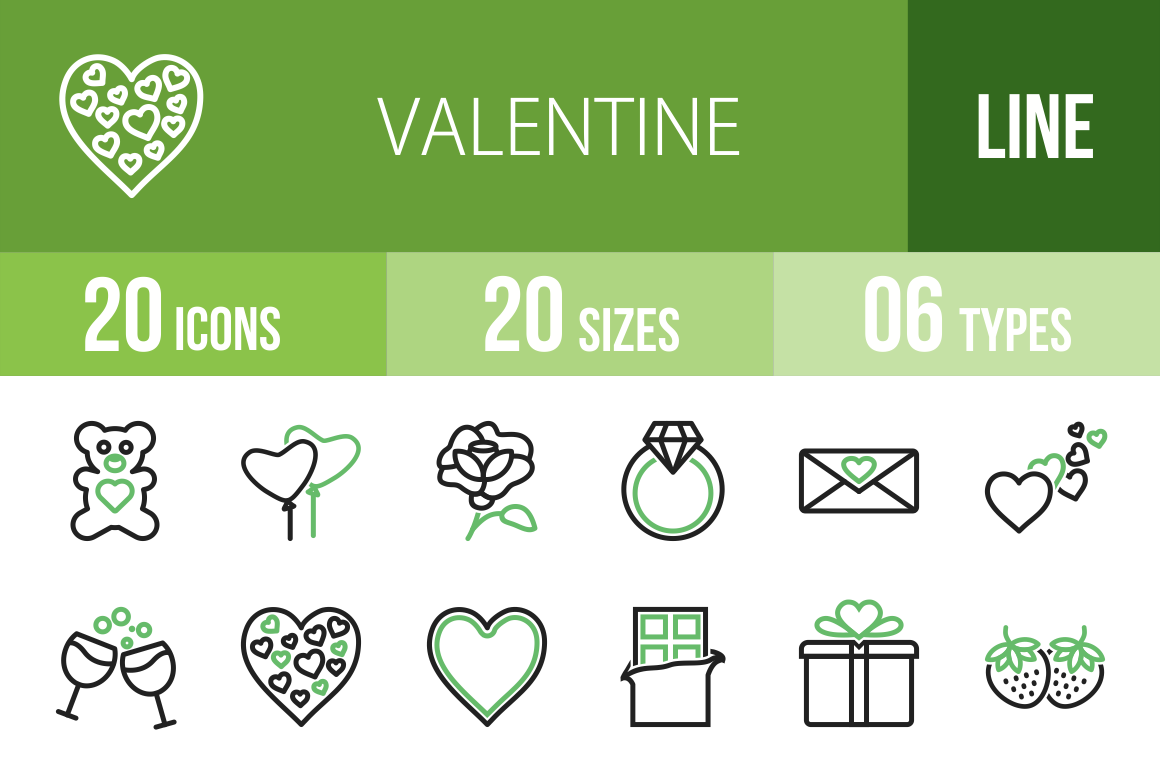20 Valentine Line Green & Black Icons - Overview - IconBunny