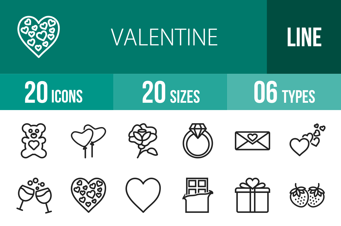 20 Valentine Line Icons - Overview - IconBunny