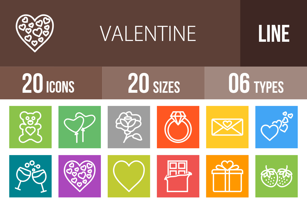 20 Valentine Line Multicolor B/G Icons - Overview - IconBunny