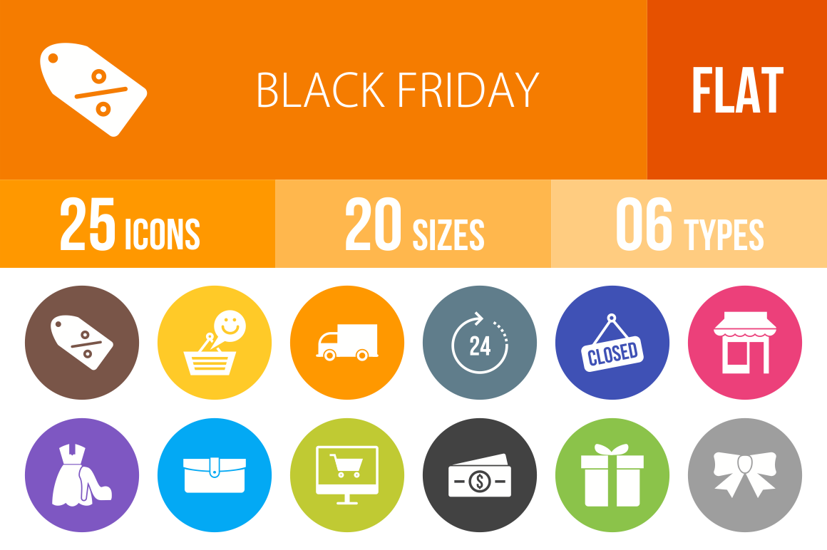 25 Black Friday Flat Round Icons - Overview - IconBunny