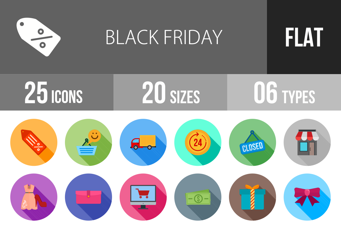 25 Black Friday Flat Shadowed Icons - Overview - IconBunny