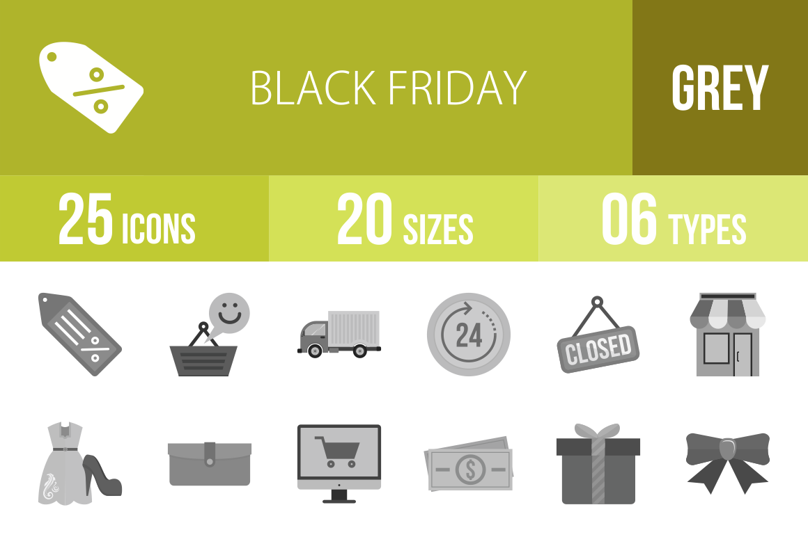 25 Black Friday Greyscale Icons - Overview - IconBunny