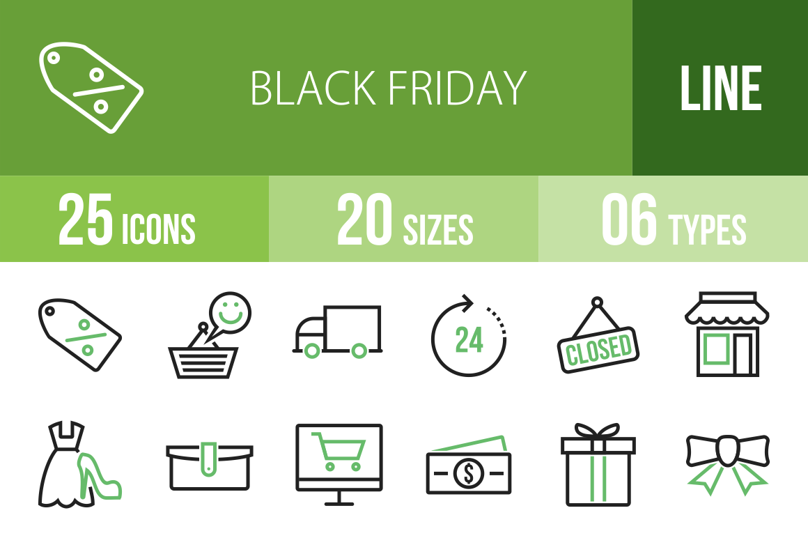 25 Black Friday Line Green & Black Icons - Overview - IconBunny