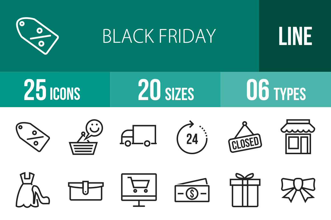 25 Black Friday Line Icons - Overview - IconBunny