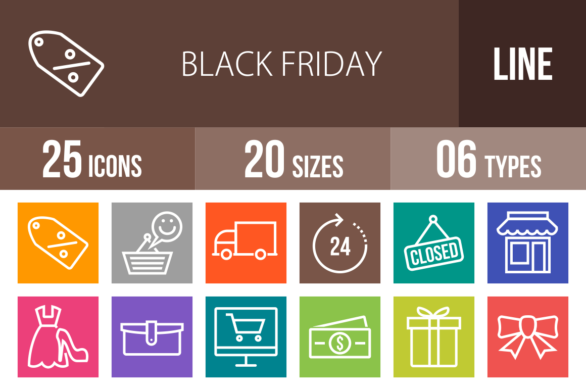 25 Black Friday Line Multicolor B/G Icons - Overview - IconBunny