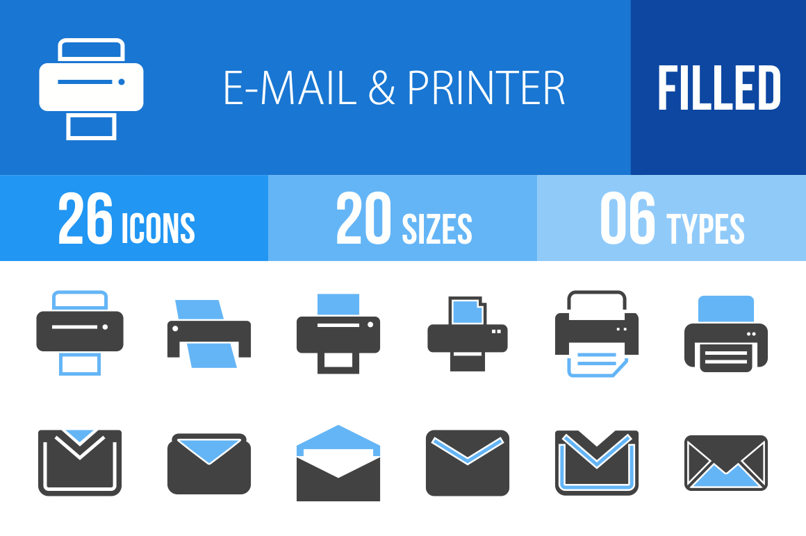 26 Email & Printers Blue & Black Icons - Overview - IconBunny