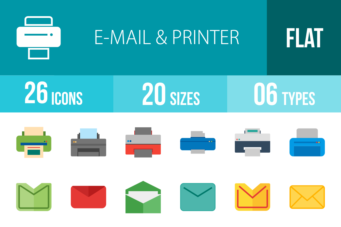 26 Email & Printers Flat Multicolor Icons - Overview - IconBunny
