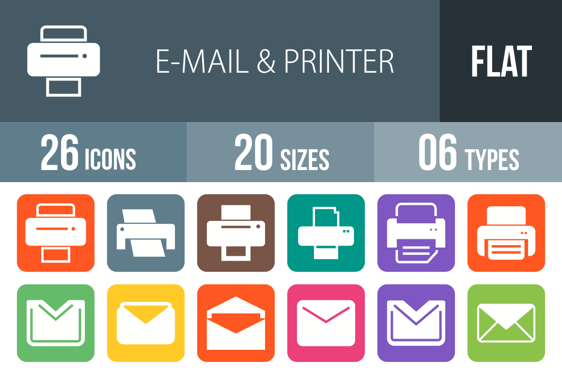 26 Email & Printers Flat Round Corner Icons - Overview - IconBunny