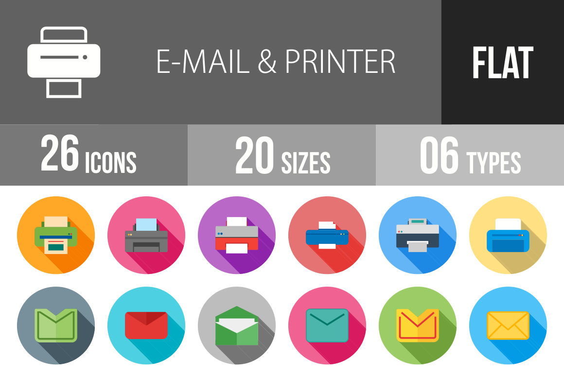 26 Email & Printers Flat Shadowed Icons - Overview - IconBunny