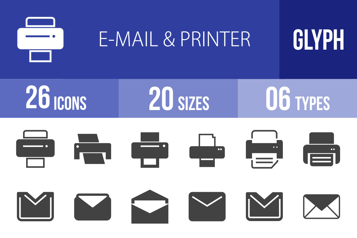 26 Email & Printers Glyph Icons - Overview - IconBunny