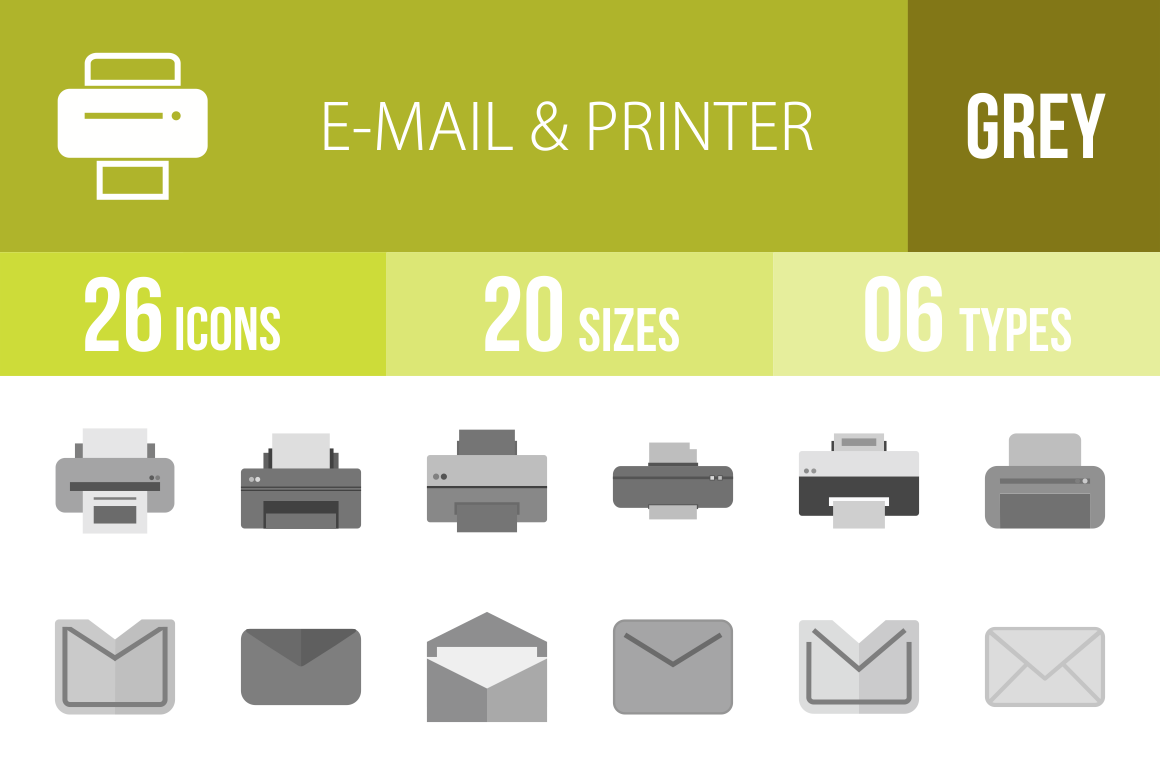 26 Email & Printers Greyscale Icons - Overview - IconBunny