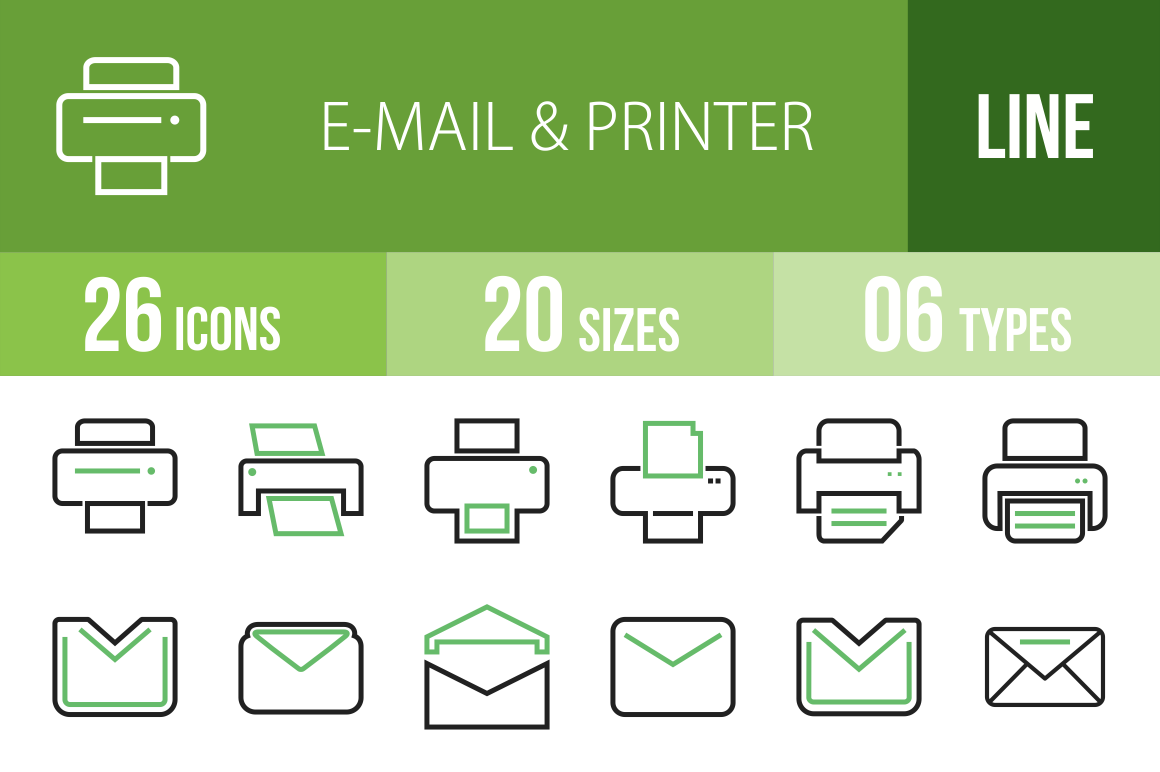 26 Email & Printers Line Green & Black Icons - Overview - IconBunny
