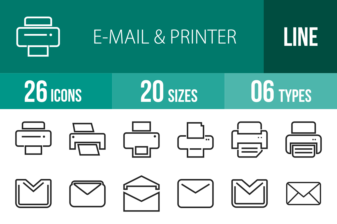 26 Email & Printers Line Icons - Overview - IconBunny