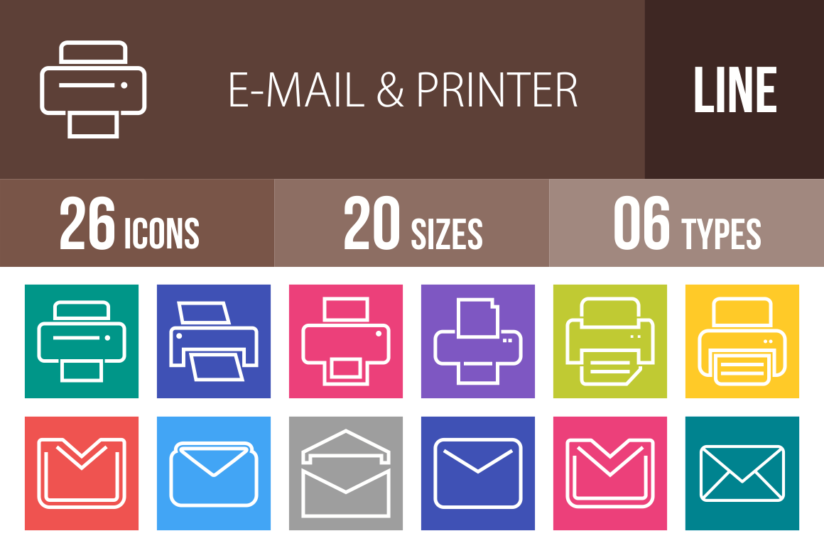 26 Email & Printers Line Multicolor B/G Icons - Overview - IconBunny