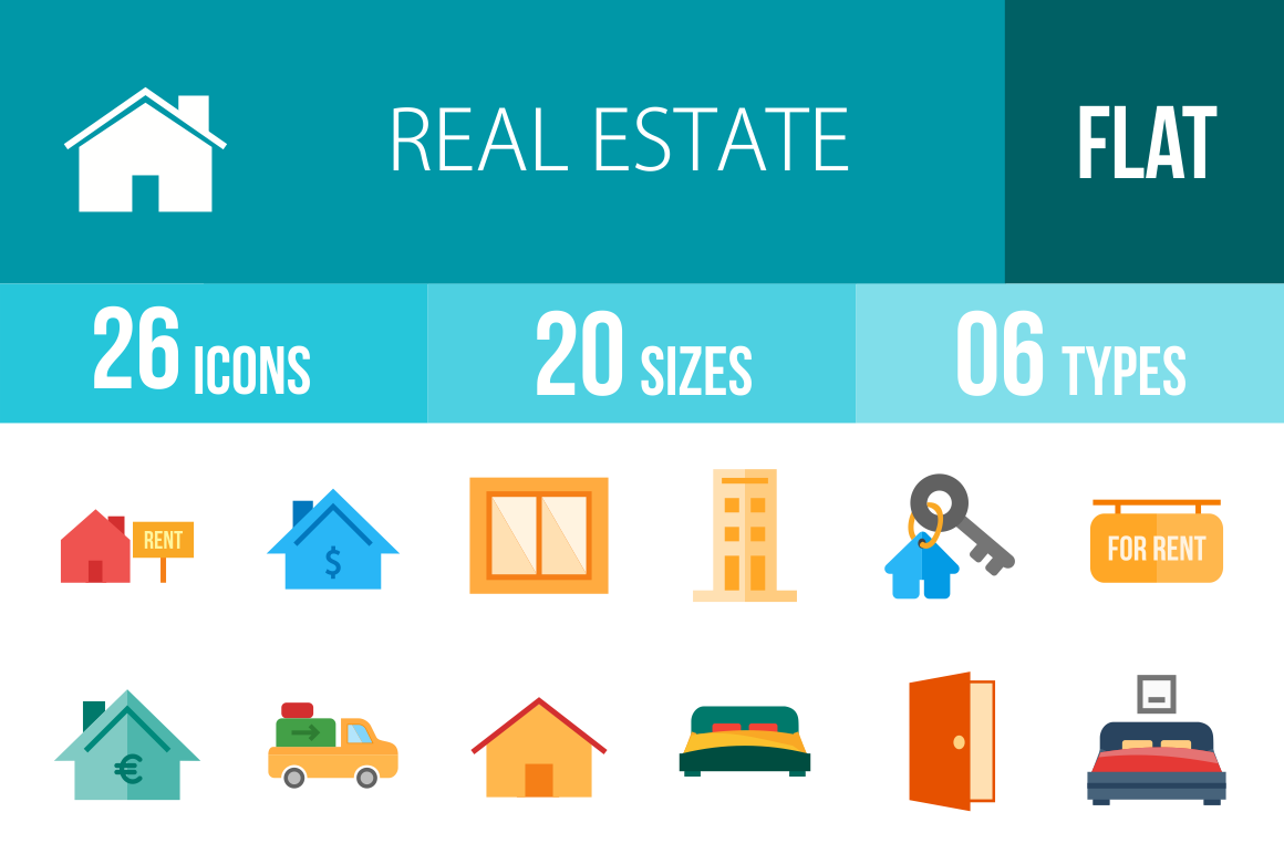 26 Real Estate Flat Multicolor Icons - Overview - IconBunny