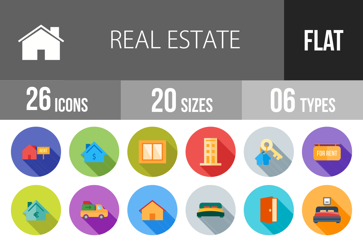 26 Real Estate Flat Shadowed Icons - Overview - IconBunny