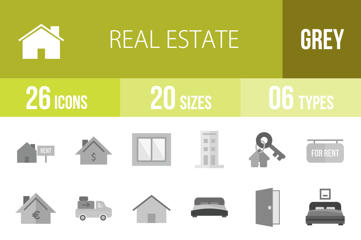 26 Real Estate Greyscale Icons - Overview - IconBunny