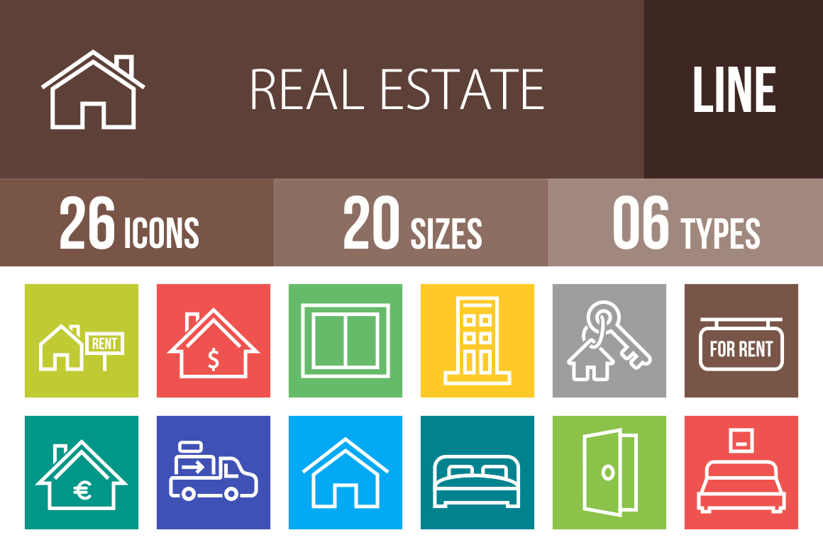 26 Real Estate Line Multicolor B/G Icons - Overview - IconBunny