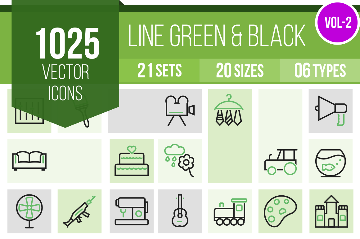 1025 Line Green & Black Icons Bundle - Overview - IconBunny