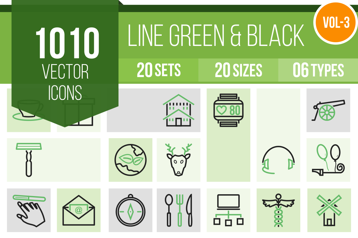 1010 Line Green & Black Icons Bundle - Overview - IconBunny