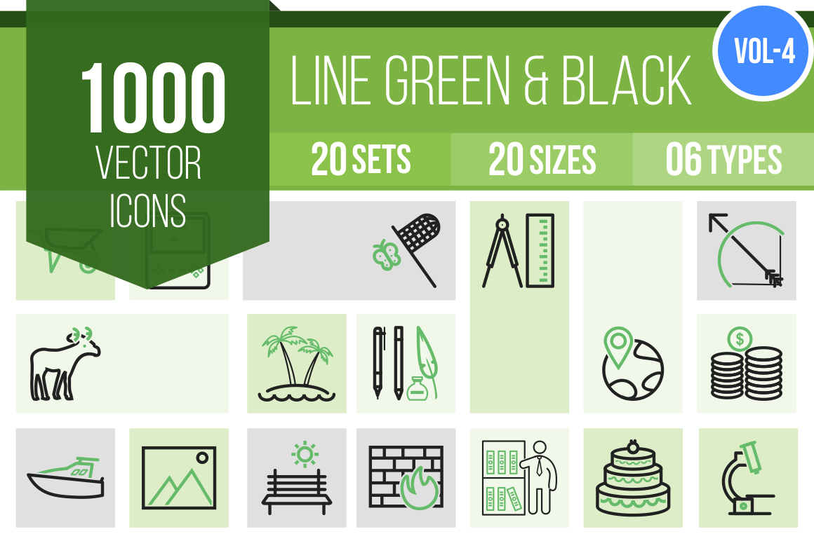 1000 Line Green & Black Icons Bundle - Overview - IconBunny