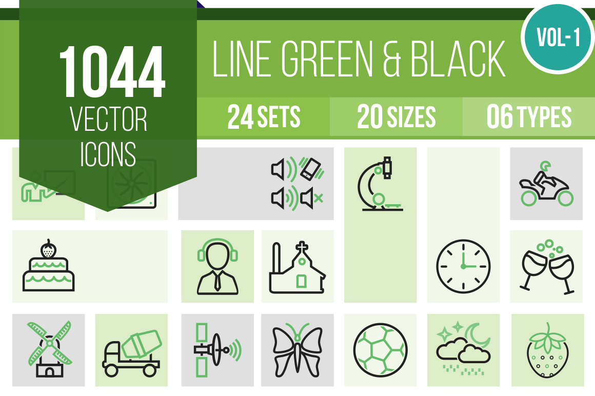 1044 Line Green & Black Icons Bundle - Overview - IconBunny