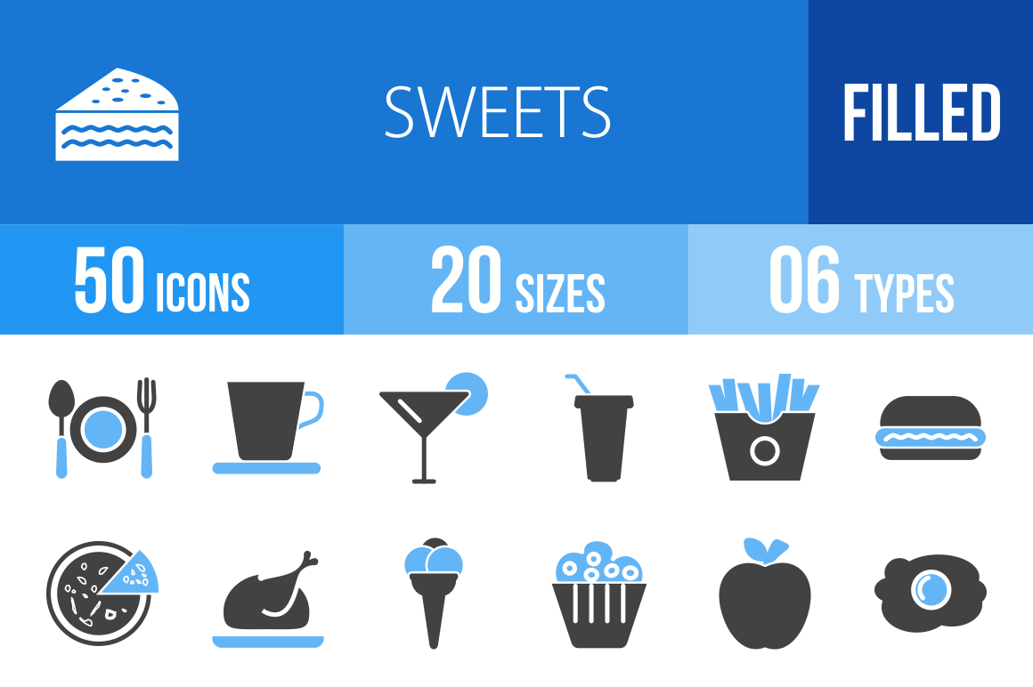 30 Sweets & Confectionery Blue & Black Icons - Overview - IconBunny