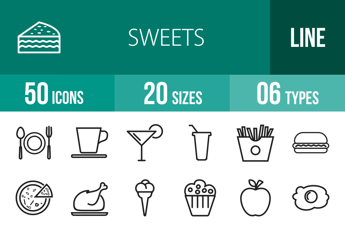 30 Sweets & Confectionery Line Icons - Overview - IconBunny