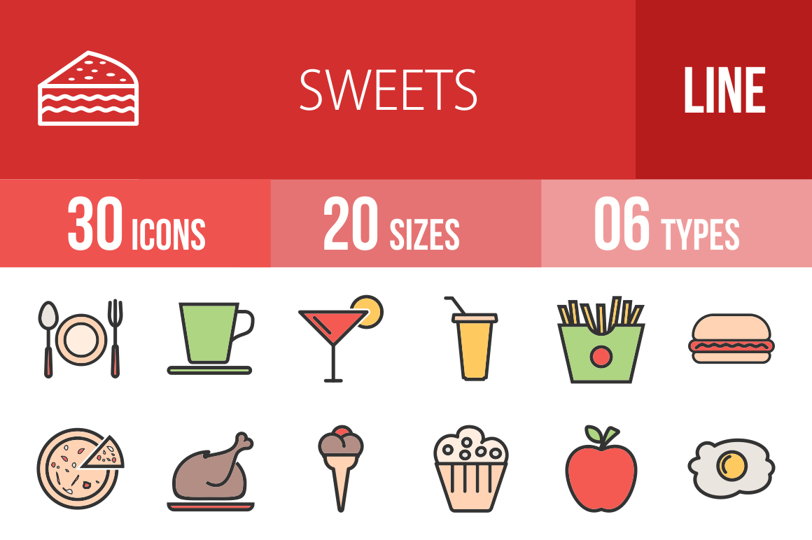 30 Sweets & Confectionery Line Multicolor Filled Icons - Overview - IconBunny