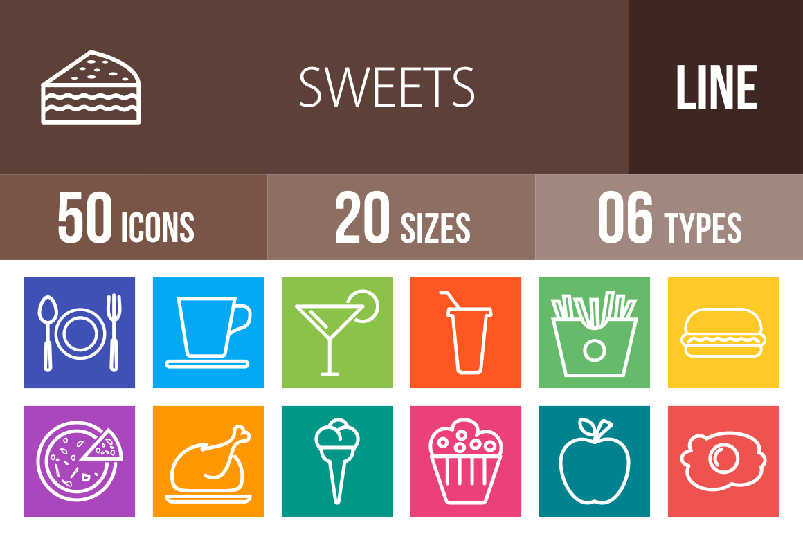 30 Sweets & Confectionery Line Multicolor B/G Icons - Overview - IconBunny