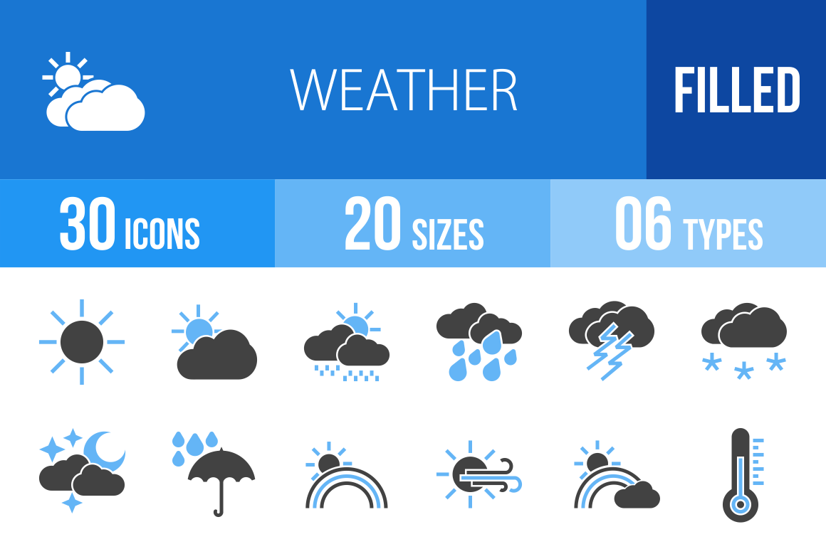 30 Weather Blue & Black Icons - Overview - IconBunny