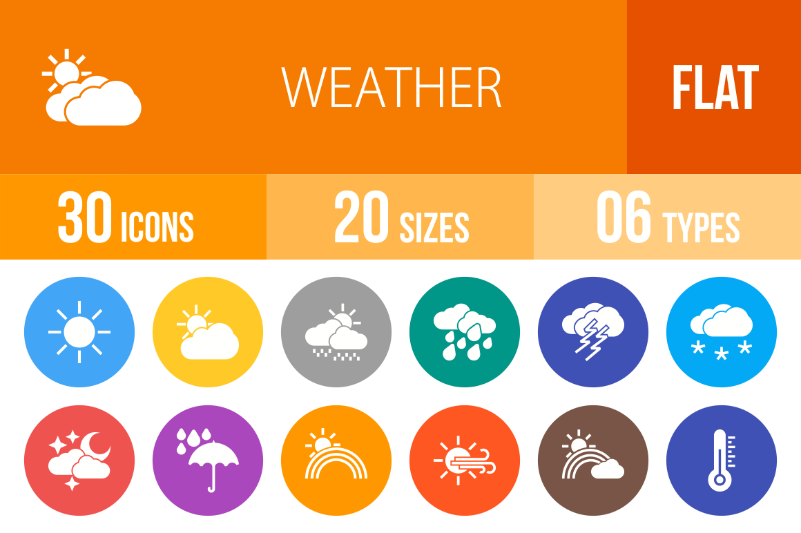 30 Weather Flat Round Icons - Overview - IconBunny