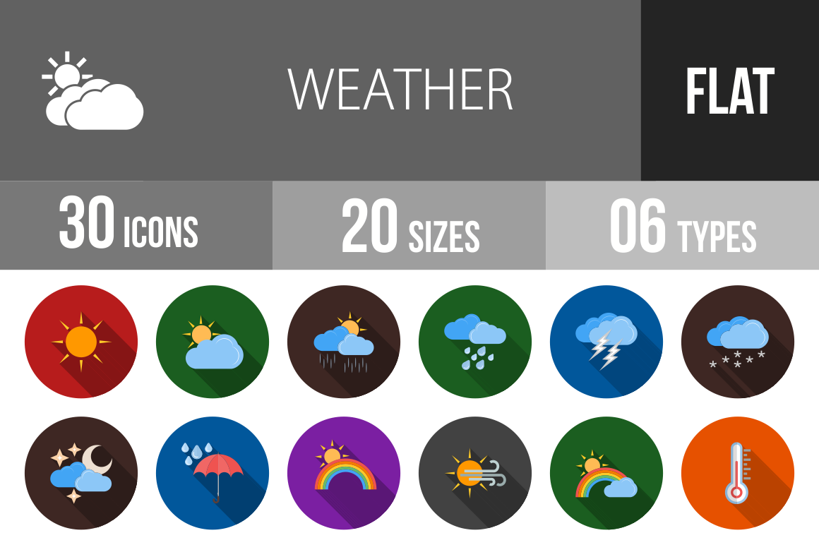 30 Weather Flat Shadowed Icons - Overview - IconBunny